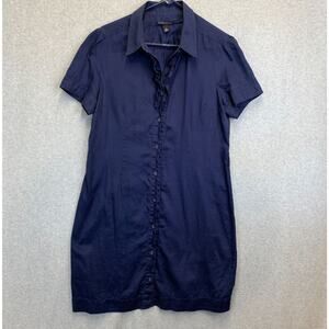 Banana Republic Dress Womens 14 Navy Blue Amelia Ruffle Button Up Short Sleeve